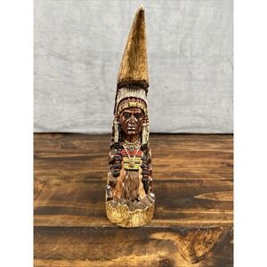 Native America Indian Chief Carved Horn resin faux wood horn Figurine